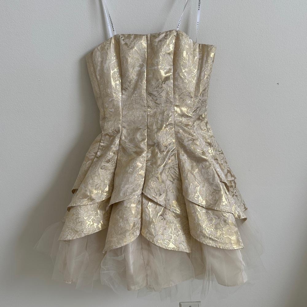 Masquerade white and gold accent homecoming prom dress